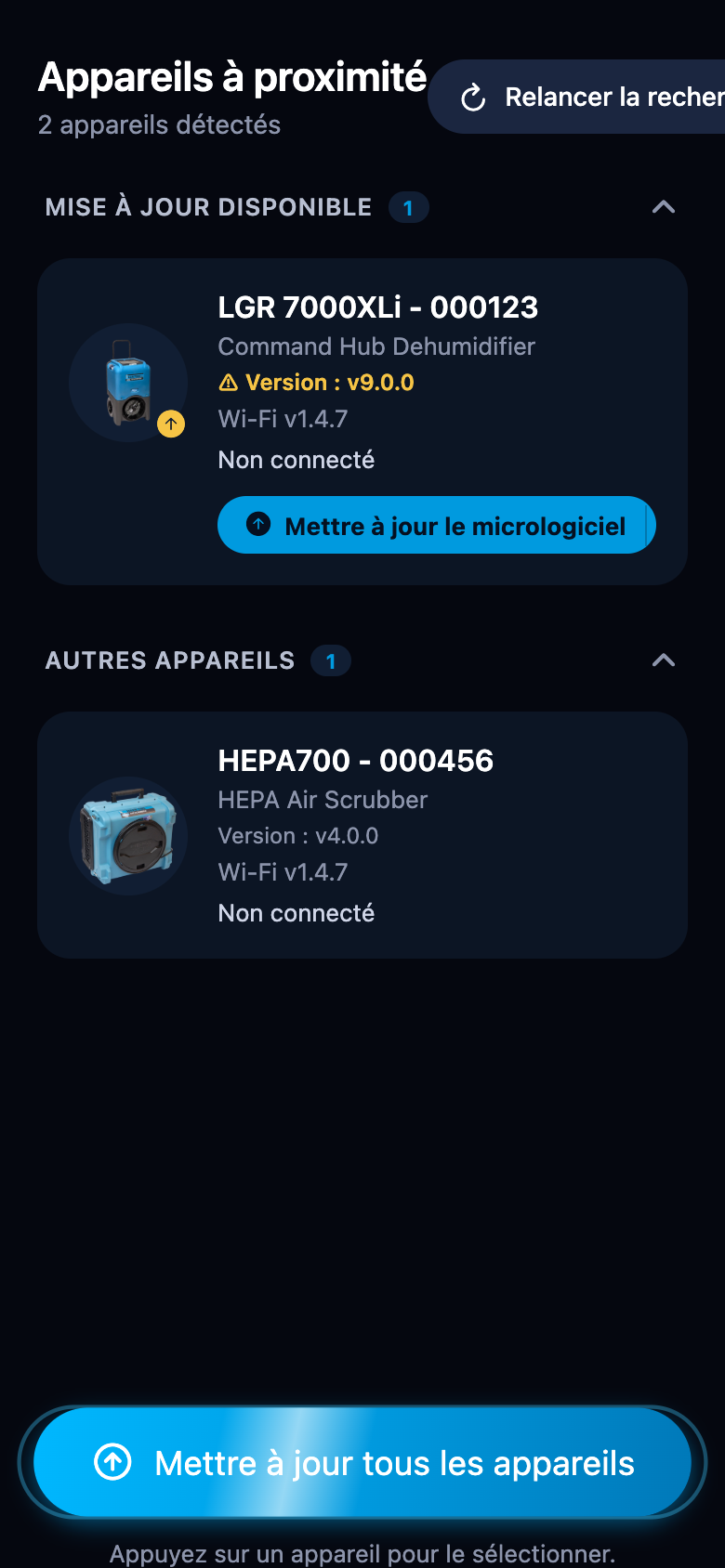 Liste des appareils avec les deux sections