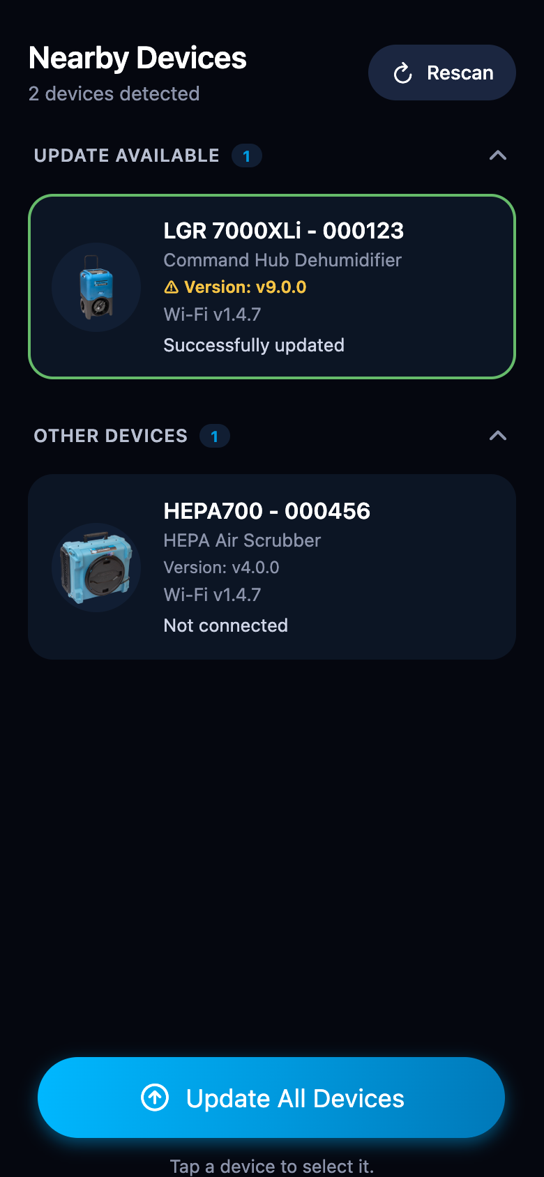 Device card after a successful update